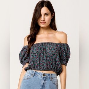 SKY AND SPARROW Ditsy Floral Crop Teal Blue Womens Off The Shoulder Top